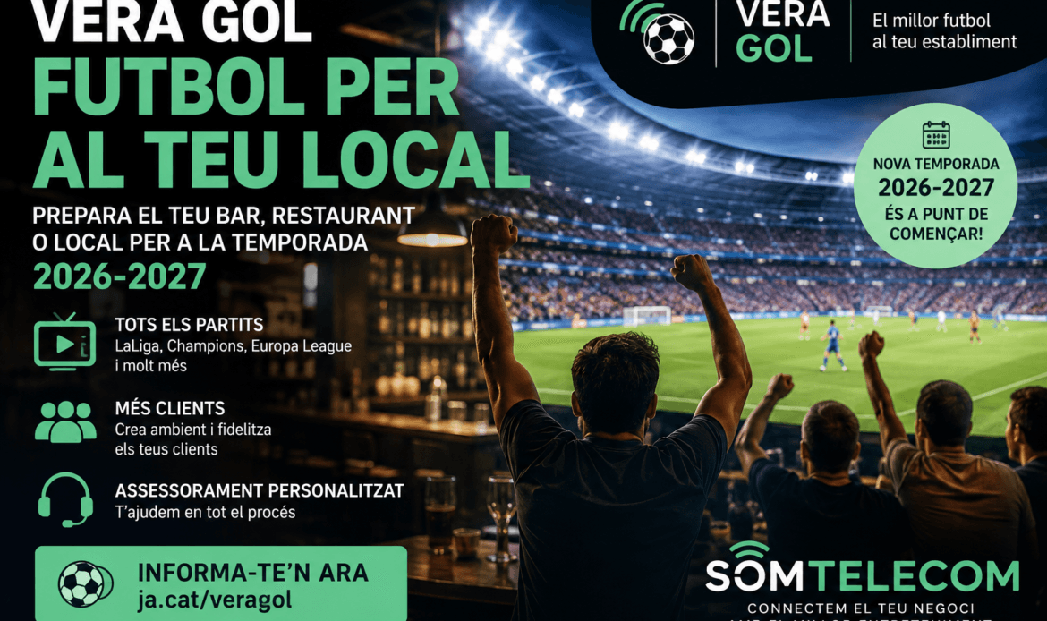 Aficionats mirant futbol en un bar amb la promoció de Vera Gol per a la temporada 2026-2027 de SOMTELECOM